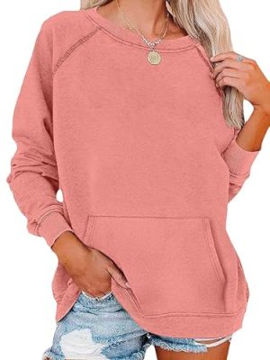 Womens Casual Crew Neck Sweatshirt with Pockets Loose Fit Soft Long Sleeve Lightweight Pullover Tops Fall Clothes
