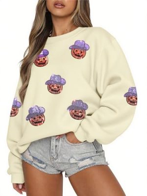 Halloween Sweatshirts for Women Sequin Ghost Pumpkin Sweatshirt Funny Spooky Season Shirt Sparkle Fall Pullover Tops