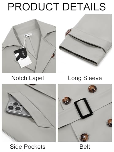 Men's Trench Coat Double Breasted Notched Lapel Long Jacket Belted Windbreaker Casual Slim Fit Overcoat