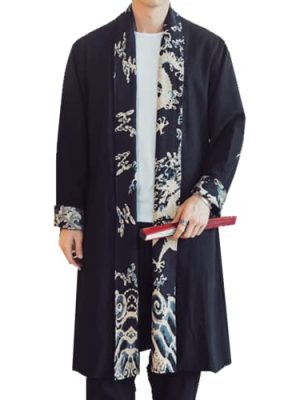 Mens Long Kimono Cardigan Open Front Print Cotton Linen Trench Coat