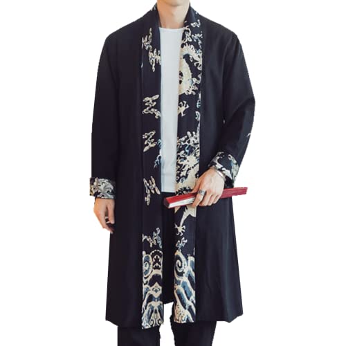 Mens Long Kimono Cardigan Open Front Print Cotton Linen Trench Coat