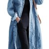 Womens Classic Jean Jacket Plus Size Loose Long Sleeve Button Down Denim Trench Coat