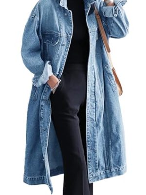 Womens Classic Jean Jacket Plus Size Loose Long Sleeve Button Down Denim Trench Coat