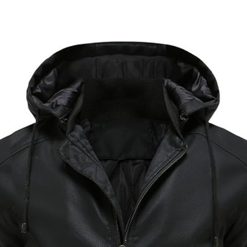 Faux Leather Jacket for Men Vintage Leather Motorcycle Biker Jackets Warm Windproof Zip-Up Hooded Coats Outerwear