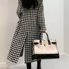 Women's Houndstooth Trench Coat Notch Lapel Double Breasted Quilted Lined Long Jacket Overcoat Pea Coat