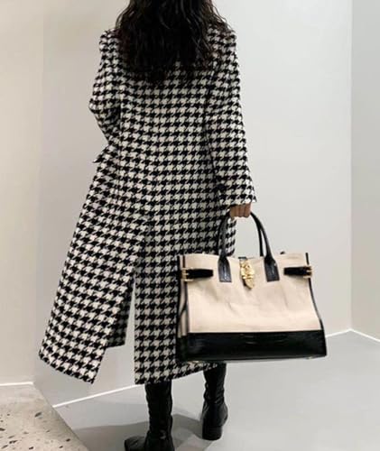 Women's Houndstooth Trench Coat Notch Lapel Double Breasted Quilted Lined Long Jacket Overcoat Pea Coat