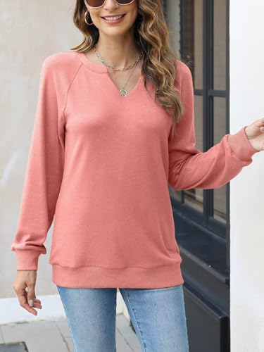 Women Casual Long Sleeve V Neck Sweatshirts Cute Loose Fit Lightweight Pullover Tops
