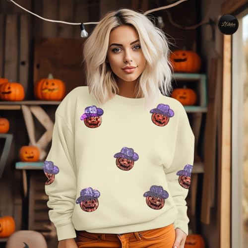 Halloween Sweatshirts for Women Sequin Ghost Pumpkin Sweatshirt Funny Spooky Season Shirt Sparkle Fall Pullover Tops