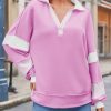 Womens Color Block Oversized Sweatshirt Polo V Neck Long Sleeve Shirts Casual Loose Pullover Tops