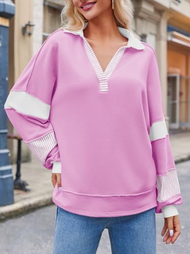 Womens Color Block Oversized Sweatshirt Polo V Neck Long Sleeve Shirts Casual Loose Pullover Tops