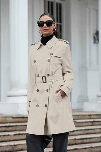 Women's Double Breasted Waterproof Trench Coat Classic Lapel Overcoat with Belt