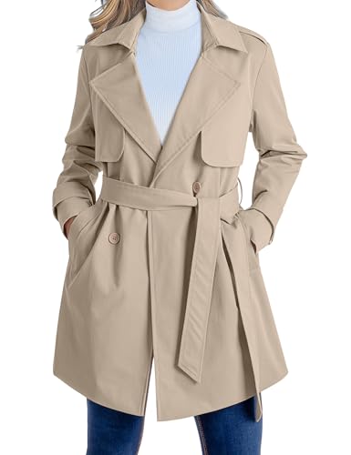 Trench Coat Women Mid Length Classic Double Breasted Lapel Business Casual Fall Jacket Coats Outerwear with Belt