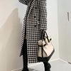 Women's Houndstooth Trench Coat Notch Lapel Double Breasted Quilted Lined Long Jacket Overcoat Pea Coat