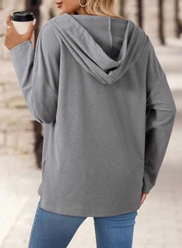 Hoodies for Women Long Sleeve Drawstring Button V Neck Fleece Casual Lightweight Pullover Sweatshirt Hooded Tops