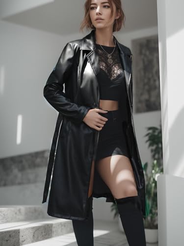 Women Trench Coat Long Jacket PU Leather Classic Lapel Coat with Belt