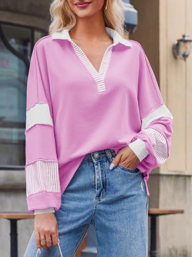 Womens Color Block Oversized Sweatshirt Polo V Neck Long Sleeve Shirts Casual Loose Pullover Tops