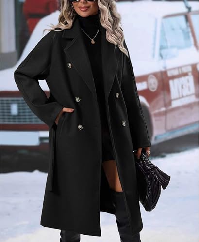 Women's Winter Wool Blend Pea Coat Double Breasted Notch Lapel Long Trench Coat