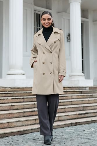Women's Double Breasted Waterproof Trench Coat Classic Lapel Overcoat with Belt