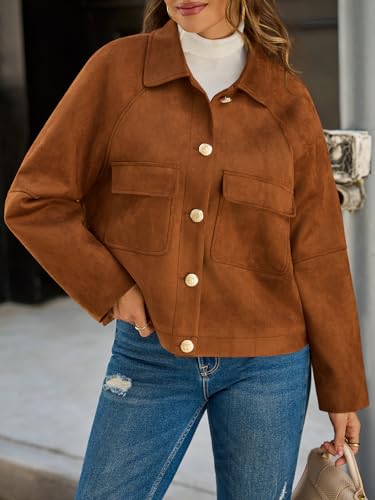 Womens Faux Suede Leather Jackets Cropped Casual Lapel Collar Button Down Oversized Fall Vintage Shackets