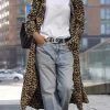 Women's Notch Lapel Leopard Print Duster Trench Coat Open Front Loose Faux Suede Mid Long Pea Coat