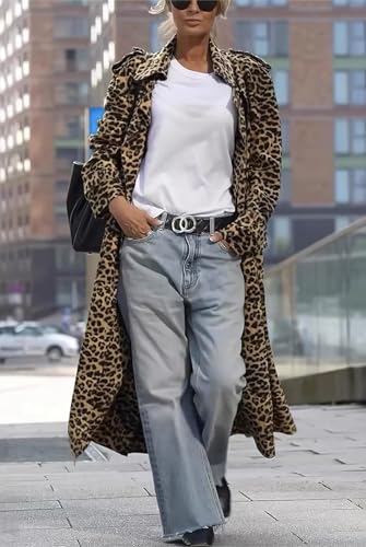 Women's Notch Lapel Leopard Print Duster Trench Coat Open Front Loose Faux Suede Mid Long Pea Coat