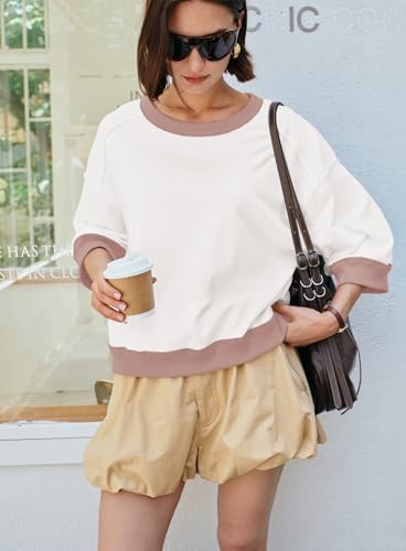 Womens 3/4 Length Sleeve Tops Oversized Fall Sweatshirts Crewneck Striped Shirt Casual Pullover Sweatshirts