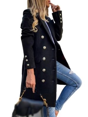 Women's Winter Trench Coat Double Breasted Notched Lapel Peacoat Jacket Casual Long Overcoat