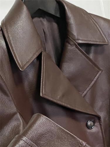 Women's Belted Double-Breasted Long Burgundy Soft Faux Leather Trench Coat