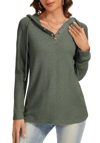 Hoodies for Women Waffle Knit V Neck Oversized Sweatshirt Button Down Drawstring Hooded Pullover Tops for Fall 2025