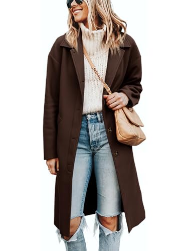 Womens Long Single Breasted Coats Lapel Collar Peacoat Fall Winter Casual Trench Coat Jacket Outwear