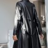 Women Trench Coat Long Jacket PU Leather Classic Lapel Coat with Belt