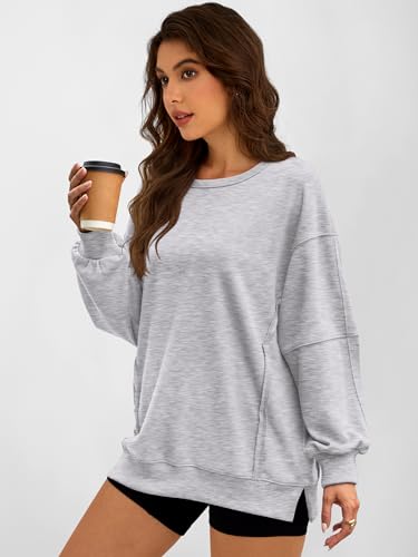Women Oversized Long Sleeve Sweatshirts Crewneck Side Slit Loose Teen Girl Pullover Top 2025 Fall Y2K Trendy Outfits
