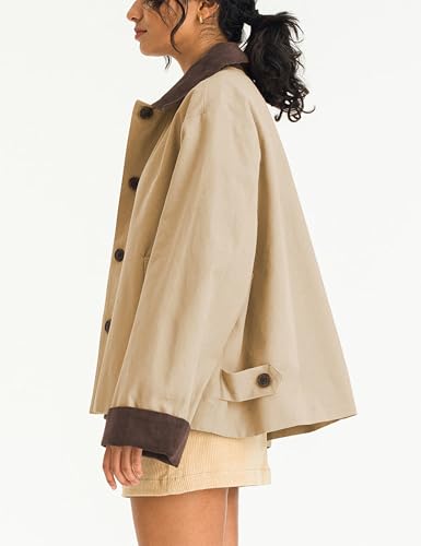 Womens Contrast Collar Jacket Casual Button Down Long Sleeves Crop Trench Coat Outerwear with Pockets
