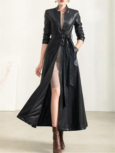 Women's Belted Long-Sleeved Single-Breasted Spring Soft Waterproof Leather Trench Coat