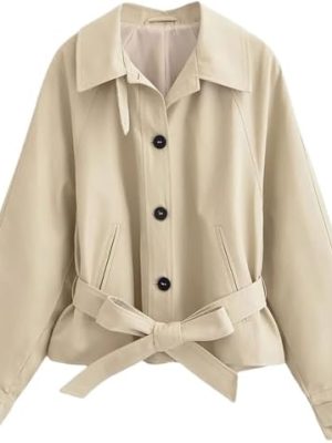 Women's Casual Short Trench Coat Lapel Long Sleeve Single Breasted Lace-Up Jacket Lightweight Outerwear