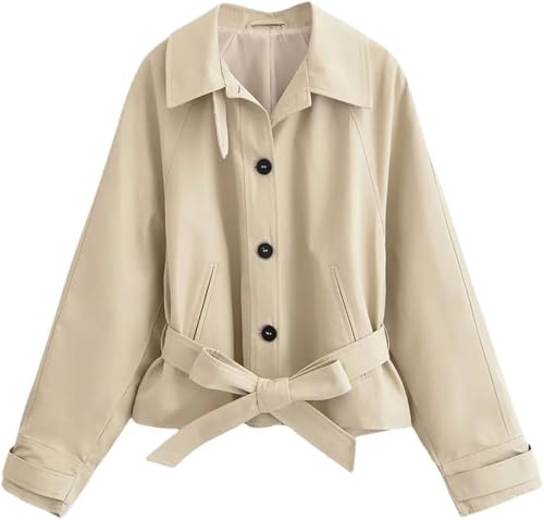 Women's Casual Short Trench Coat Lapel Long Sleeve Single Breasted Lace-Up Jacket Lightweight Outerwear