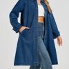 Denim Trench Coat Women Midi Long Jean Jacket Oversized Single Breasted Maxi Duster Overcoat