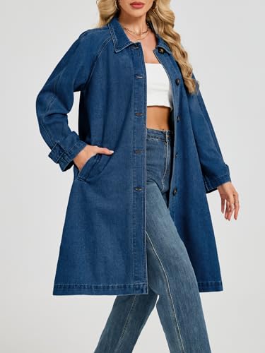 Denim Trench Coat Women Midi Long Jean Jacket Oversized Single Breasted Maxi Duster Overcoat