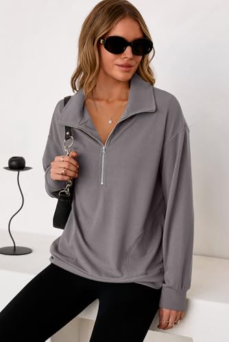 Womens Sweatshirt Waffle Knit Long Sleeve Lapel Half Zip Up Casual Lightweight Soft Sweatshirts Loose Pullover Tops