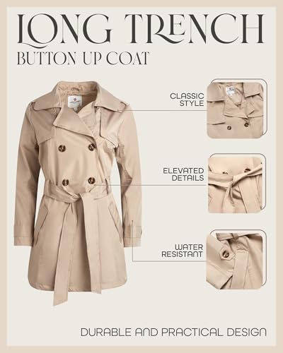 Womens Trench Coat - Water Resistant Double Breasted Long Trench Coat For Women - Outerwear Jacket (S-XL)