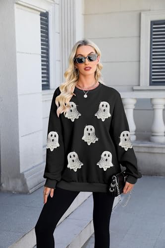 Halloween Sweatshirts for Women Sequin Ghost Long Sleeve Shirt Oversized Spooky Season Pullover Tops