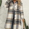 Women's Long Plaid Shirt Jacket Shacket Lapel Button Down Woolen Blend Casual Tartan Over Shirt Trench Coat
