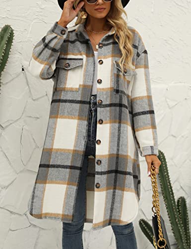 Women's Long Plaid Shirt Jacket Shacket Lapel Button Down Woolen Blend Casual Tartan Over Shirt Trench Coat