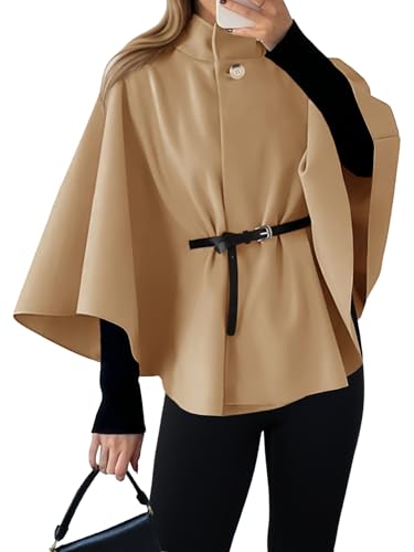 Womens Batwing Sleeve Poncho Pea Coats Oversized Belted Trendy Casual Stand Collar Cloak Cape Coats