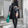 Women Trench Coat Long Jacket PU Leather Classic Lapel Coat with Belt
