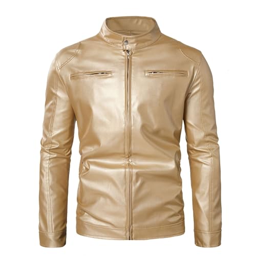Men's Faux Leather Motorcycle Jacket Vintage Stand Collar Leather Biker Coat Fashion Lightweight Zipper Coats