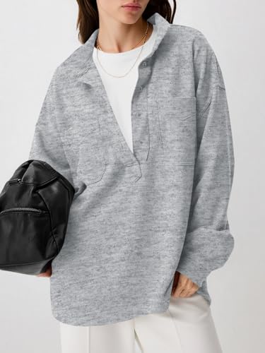 Womens Oversized Sweatshirt Casual Long Sleeve Henley V Neck Pullover Tops Fall Outfits Clothes
