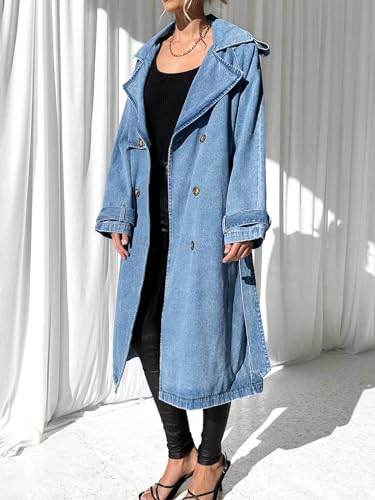 Women's Long Double Breasted Denim Jacket Oversized Button Down Maxi Jean Coat Classic Lapel Outercoat