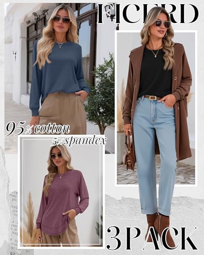 3 Pack Women's Long Sleeve Shirts, Cotton Crew Neck Tunic Tops Casual Loose Fit Pullover Sweatshirts Curved Hem Shirts
