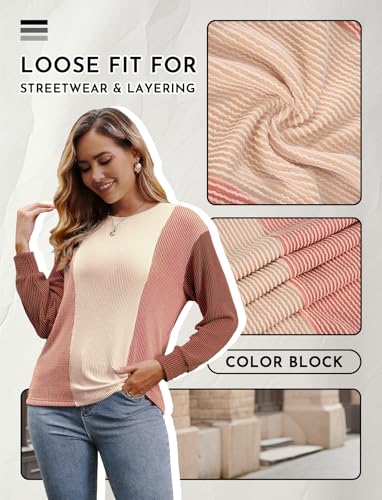Womens Long Sleeve Tops Color Block Crewneck Knitted Casual Pullover Sweatshirt Loose Fit Fall Trendy Tops